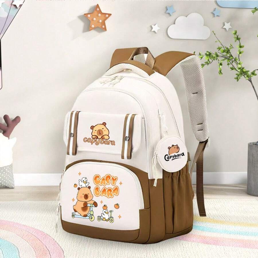 Set de mochila con diseño de Capibara y Pato, mochila escolar ligera y de múltiples bolsillos, mochila casual resistente al agua y de moda para niños y adultos - Multicolor - Ver 1