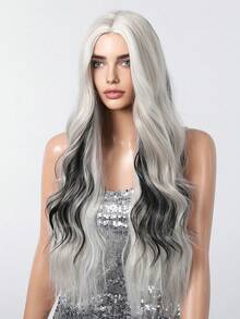 26 Inch Gradient Silver Black Wavy Synthetic Wig - Long Hair Style Without Bangs; Made Of Heat-Resistant Material, Featuring Fluid Water Wave Texture - Perfect For Shopping, Afternoon Tea With Friends, Birthday Parties, Music Festivals And Other Occasions - 挑染白色 - 查看 4