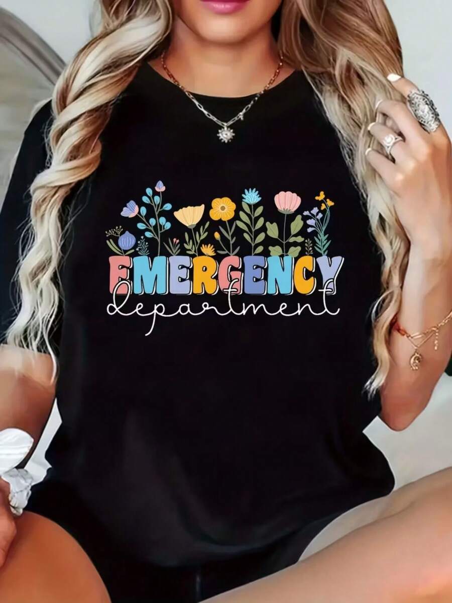Women's Casual Short-Sleeved T-Shirt, % Cotton, With Emergency Department Print - White Round Neck Top, Geometric Floral Design, Machine Washable, Lightweight Style For Spring/Summer, Women's T-Shirt Suitable For All Seasons, Can Be Used As A Base Layer In Spring/Autumn Or Alone In Summer, Unisex Style, Modern Thick Cotton Cityboy Style Top. - 黑色 - 查看 1