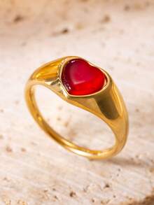 1pc Fashionable Luxury Red Heart-Shaped Cat Eye Stone Inlaid Stainless Steel Cast Ring, Suitable For Women's Daily Or Party Wear - Red - View 5
