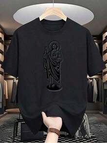 Almacén Local, Camisetas para Hombres, Camisas para Hombres, Ropa para Hombres, Camisetas de Algodón para Hombres, Camiseta de Algodón Blanca y Negra de 180g de Tadeo, Diseño de Impresión Religiosa, Impresión de Algodón de Alta Calidad, Cuello Redondo, Ajuste Relajado, Unisex, Transpirable, Versátil, Lavable en Máquina, Cómodo, Tallas S ~ 3XL, Uso Diario, Casual, Deportivo, Esencial de Verano - Negro - Ver 5