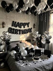 Kit de arco de globos negro y plateado de 11/60/65 piezas con 500 pétalos de rosa blanca, letras de lámina Happy Birthday de 16", globo de lámina en forma de corazón de 18", globos de látex de 10" para fiesta de cumpleaños, aniversario, decoración romántica, sorpresa de hotel y fondo de fotomatón - Negro y plata - Ver 9