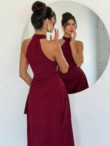 Vestido elegante y romántico para fiesta, cóctel o cita.Vestido largo asimétrico de línea A, con cuello halter sin mangas, color borgoña, para invitada de boda, cita, fiesta de cumpleaños o evento elegante - Burdeos - Ver 2