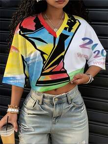 FIFA-2026 World Cup Trophy Print Vibrant Watercolor Women's Short-Sleeve V-Neck Top, Made Of Soft Polyester Fabric, Available In Various Sizes And Mixed Colors, Comfortable Casual T-Shirt Suitable For Daily Wear And Sports Events - Màu hỗn hợp - Xem 1