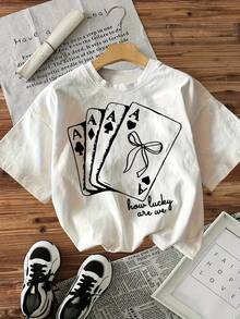 Women's Casual Short Sleeve T-Shirt - "How Ucky" Poker Card Print With Bow Design, 100% Polyester Fiber, Loose Fit, Machine Washable, Comfortable Summer Fabric, Soft And Breathable, Versatile Crew Neck For Everyday Wear, Easy Care Garment. Elegant Party Outfit/T-Shirt For Stylish Ladies/Suitable Blouses For Curvy Women/Prom Skirts/Casual Wear - 白色 - 查看 7
