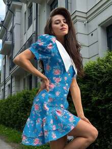 Spring/Summer Casual Style Dress With Collar, Front Buttons, Tie Back And Tie-Dye Print, For Everyday Wear, Western Style, Bohemian, Music Festivals, Vacation, Fairycore Style, Elegant For Women - 淡黃色 - 查看 11