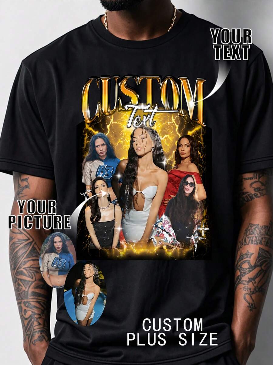 Kaos Pria Ukuran Besar Kasual Longgar yang Dapat Dipersonalisasi, Dapat Ditambah Foto dan Teks/Logo. Kaos untuk Pacar, Hadiah Ulang Tahun dan Pesta) Warna Hitam Olahraga - Hitam - View 1