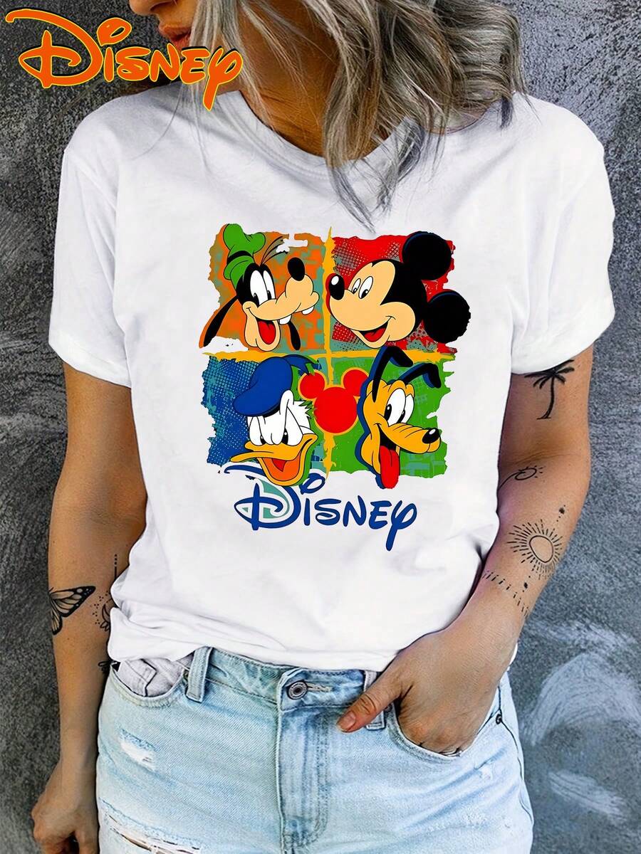 A Women'S Short-Sleeve T-Shirt Featuring Disney Characters Like Mickey Mouse, Donald Duck, Goofy, And Pluto. This Casual And Stylish Tee Has A Round Neck, Slight Stretch, Is Non-Transparent, Made From Easy-Care Material - White - View 1