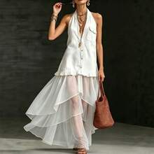Vintage Halter Neck Faux Denim Sleeveless Shirt Dress With Mesh Splicing And Irregular Hem For A Resort Look - 白色 - 查看 7