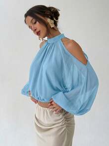 AYYAloruh Top corto halter de hombros abiertos de unicolor elegante para mujer, ropa de verano, ropa de playa, vacaciones, estilo bohemio, tropical, festival, country, western, streetwear, gyaru, tops de verano con hombros descubiertosAYY - Azul - Ver 8
