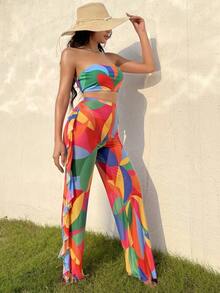Swim Vcay Conjunto de bikini Bandeau estampado geométrico para mujer, sexy para la playa de verano, con cubierta de top con ribete de volantes y pantalones largos - Multicolor - Ver 6