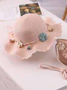 2件組女孩夏季蕾絲草帽附花朵吊飾與蕾絲包套組 - 粉色 - 查看 4