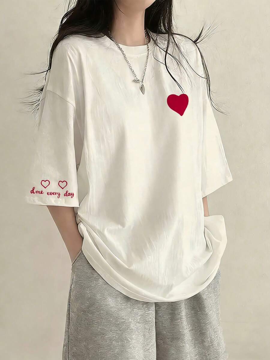 女士宽松圆领短袖字母爱心印花T恤,春夏休闲时尚白色 - 白色 - 查看 1