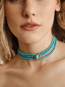 Nocturel 1pc Delicate And Elegant French Style Short Multilayer Turquoise Beaded Choker Necklace For Women, Suitable For Parties And Holidays - Turquoise - View 5