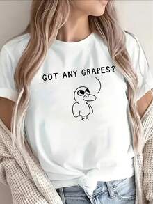 It's Funny: "Do You Have Grapes?" Duck And Grape Print T-Shirt - Lightweight Casual Short-Sleeved Crew Neck T-Shirt In Black, Made Of Durable Polyester, Suitable For Casual Wear, Restaurants And Grape-Themed Parties (Machine Washable). - 白色 - 查看 1