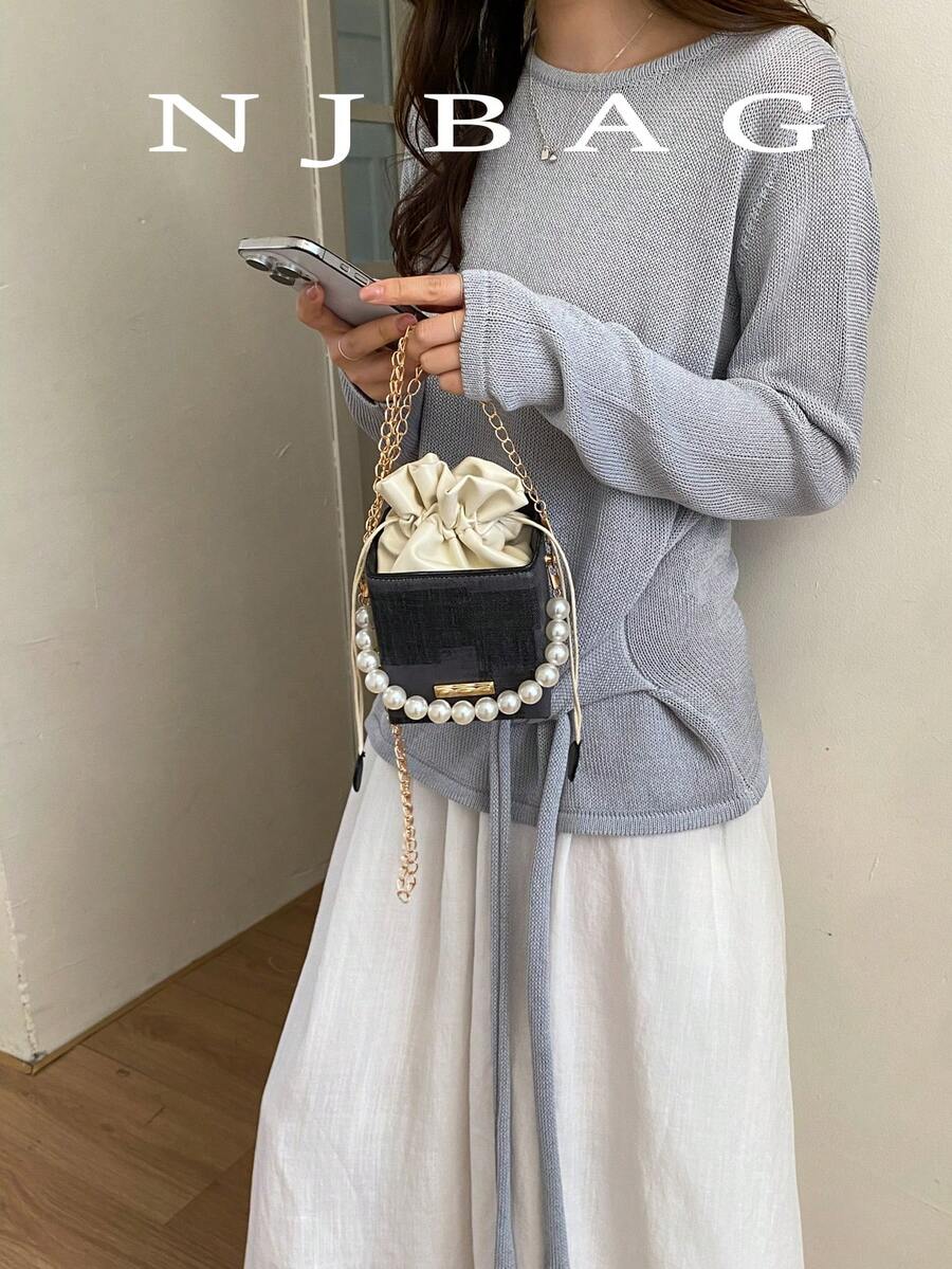 Mini boîte à cordon embossée, acrylique, pochette à cordon mode, sac à main perle