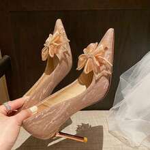 High Heels For Slim, Pointed-Toe Women, Sexy Gold Wedding Shoes, Bridesmaid Shoes, French Girls, Silver Bow Shoes, Women's High Heels - 金色 - 查看 3