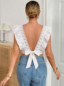 Camisa de verano elegante y estilizadora de cuello cuadrado con rayas tejidas para mujer - Blanco - Ver 3