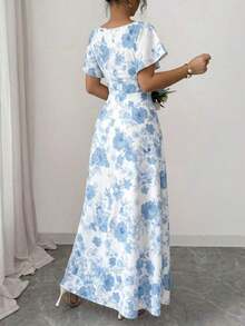 Elenzya Vestido de línea A con volantes en las mangas, fruncido en el frente y estampado floral de rosas, elegante y casual, ideal para vacaciones, viajes, citas, moda francesa y estilo retro, versátil para primavera y verano, de manga corta y largo maxi, en rojo, blanco y multicolor - Multicolor 2 - Ver 2