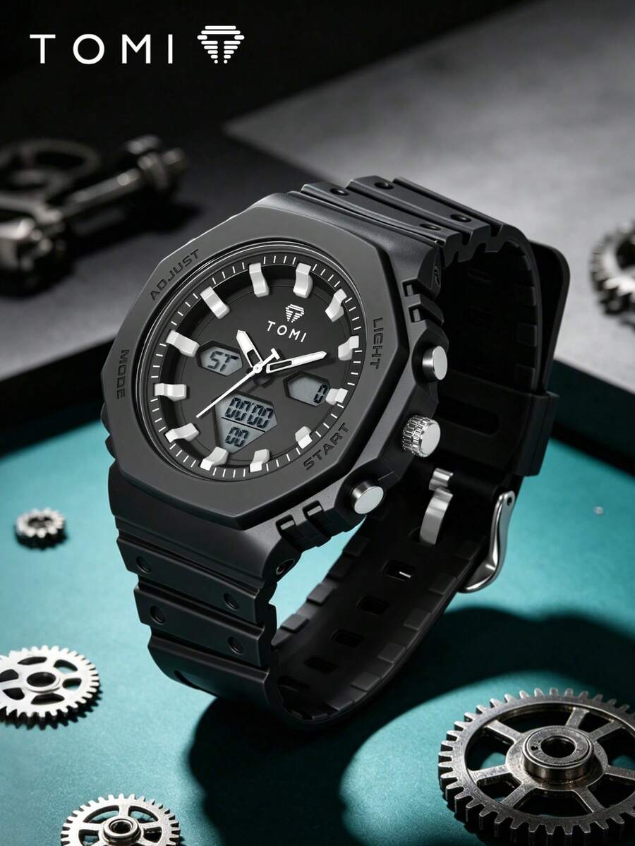 TOMI Personalized TPU Material Minimalist Dual Movement Sports Watch, Dual Display Electronic Watch Suitable For Daily Life & Gifts - Black - View 1