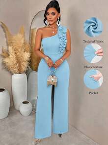 AIJ Conjunto de fiesta para mujer Amarilo: Pantalones acampanados de pierna ancha con cinturón y un hombro con volantes, adecuado para salidas, citas, reuniones, cenas y fiestas de cóctel, unicolor - Azul - Ver 1