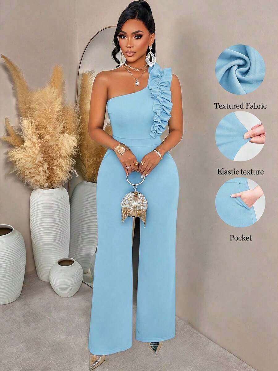 AIJ Conjunto de fiesta para mujer Amarilo: Pantalones acampanados de pierna ancha con cinturón y un hombro con volantes, adecuado para salidas, citas, reuniones, cenas y fiestas de cóctel, unicolor - Azul - Ver 1
