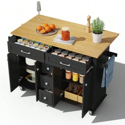 Carrito de cocina multifuncional con encimera abatible, extensible hasta 120*65 cm, con 5 cajones, armarios, especiero y toallero, con ruedas – isla de cocina para cocina, comedor y salón. - Negro - Ver 1