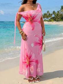 GalTyme Vestido de playa con estampado todo sobre para mujer de talla grande - Rosa - Ver 4