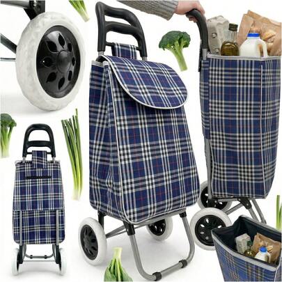 Einkaufstrolley mit robusten Rollen und Teleskopgriff im klassischen violetten Karomuster. Der geräumige Trolley mit großem Fassungsvermögen ist ideal für den bequemen Transport von Lebensmitteln und Alltagsgegenständen. Die Tasche aus wasserdichtem Material mit verstärkter Konstruktion ist feuchtigkeitsbeständig und strapazierfähig. Dank des stabilen Rollensystems und des komfortablen, verstellbaren Griffs lässt sie sich auf verschiedenen Oberflächen leicht bewegen. Eine praktische Aufbewahrungstasche bietet Platz für kleine persönliche Gegenstände und Accessoires. Das leichte, faltbare Design macht den Trolley perfekt für Einkäufe, Reisen, Marktbesuche und den täglichen Gebrauch im Haushalt.