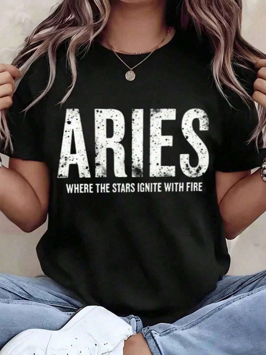Women's T-Shirt With "Aries Where The Stars Ignite With Fire" Print, Round Neck, Basic Style For Casual Wear, Gift Idea, 220g - Urban Vintage Style, Unisex, Loose Fit, Cotton, Short Sleeve, Round Neck, 100% Pure Cotton - 黑色 - 查看 1