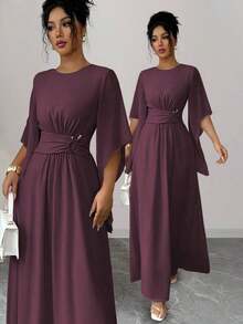 Vestido midi asimétrico con cintura elástica, cuello redondo, hebilla metálica en la cintura y falda acampanada, en color rosa sólido, para mujer, ideal para primavera/verano, ocasiones casuales, de vacaciones, tardes de té, San Valentín, bodas y fiestas, con estilo romántico francés y elegante de Sicilia - Granada - Ver 12
