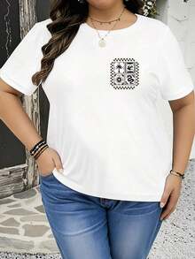 Plus Size Women's T-Shirt With Palm Tree And Flying Birds Print On Both Sides, Modern, Casual, Elegant, Chic, Sporty And Comfortable, With Round Neck And Short Sleeve, Y2K Style, Sportswear, Round Neck, 100% Cotton, Soft Fabric, Short Sleeve. - 白色 - 查看 2