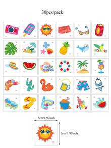 30 hojas de pegatinas de tatuajes temporales lindos para mujeres y hombres, con diseños de helado, sandía, frutas y temas de playa, tatuajes falsos adecuados para decoración corporal en fiestas de verano y vacaciones - Multicolor - Ver 7