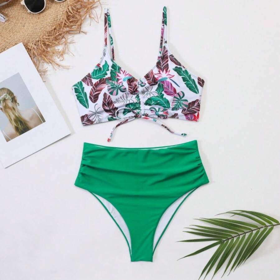 Bikini con Cordones y Estampado Tropical PL003 - Verde - Ver 1