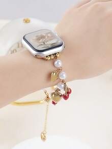 新款珍珠櫻桃手鍊與 相容，適用於 38mm、40mm、41mm、42mm、44mm、45mm、46mm 及 49mm 女款時尚手鍊。適用於 UltraS10/S11/9/8/7/6/5/4/3/2/1 智慧手環（不含手錶），是送給女友和朋友的最佳禮物。適合日常配戴、派對、約會、朋友、女友等場合 - 金色 - 查看 5