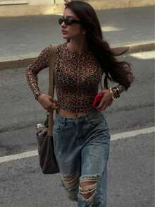 Sweetness - Women's Sexy Long Sleeve Tops, Leopard Print Mesh T-Shirt, Women's Bodycon Clothing, Streetwear For Party And Club, Casual Nightgown Y2K - 豹 - 查看 4