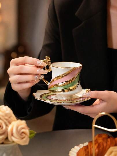 DearDali 1 Set 100ML Luxury Gold-Rimmed Bone China Coffee Cup & Saucer Set, Vintage European Style, White Glaze Rainbow Pattern, Ergonomic Cup Shape, Gold-Plated Handle, Heat-Resistant - Premium Quality Ceramic Coffee Cup & Saucer Set, Afternoon Tea Gift