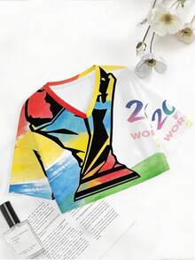 FIFA-2026 World Cup Trophy Print Vibrant Watercolor Women's Short-Sleeve V-Neck Top, Made Of Soft Polyester Fabric, Available In Various Sizes And Mixed Colors, Comfortable Casual T-Shirt Suitable For Daily Wear And Sports Events - Màu hỗn hợp - Xem 3