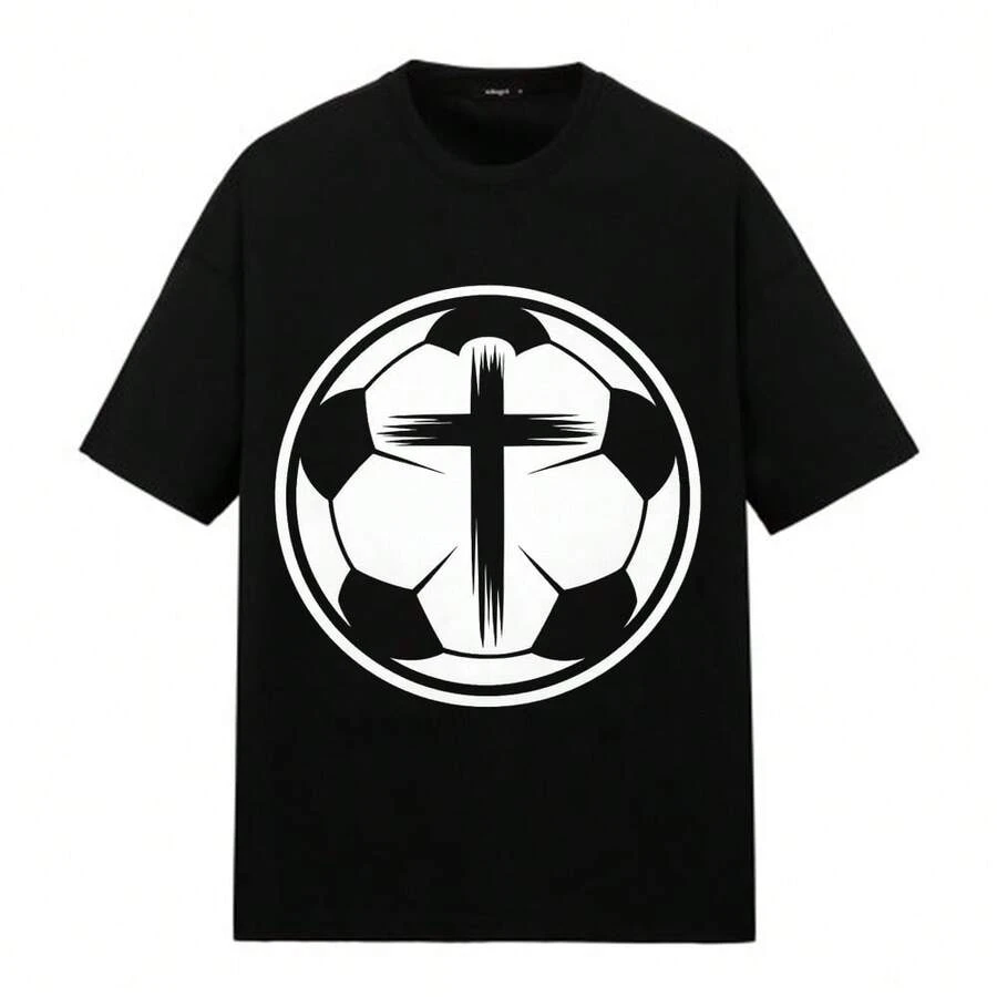 Short-Sleeved T-Shirt With Football Cross Print, Ideal For Wearing At Home, Street, Park, Gym, Sporting Events, Regular Fit, Casual Style, Comfortable And Breathable. - 黑色 - 查看 1