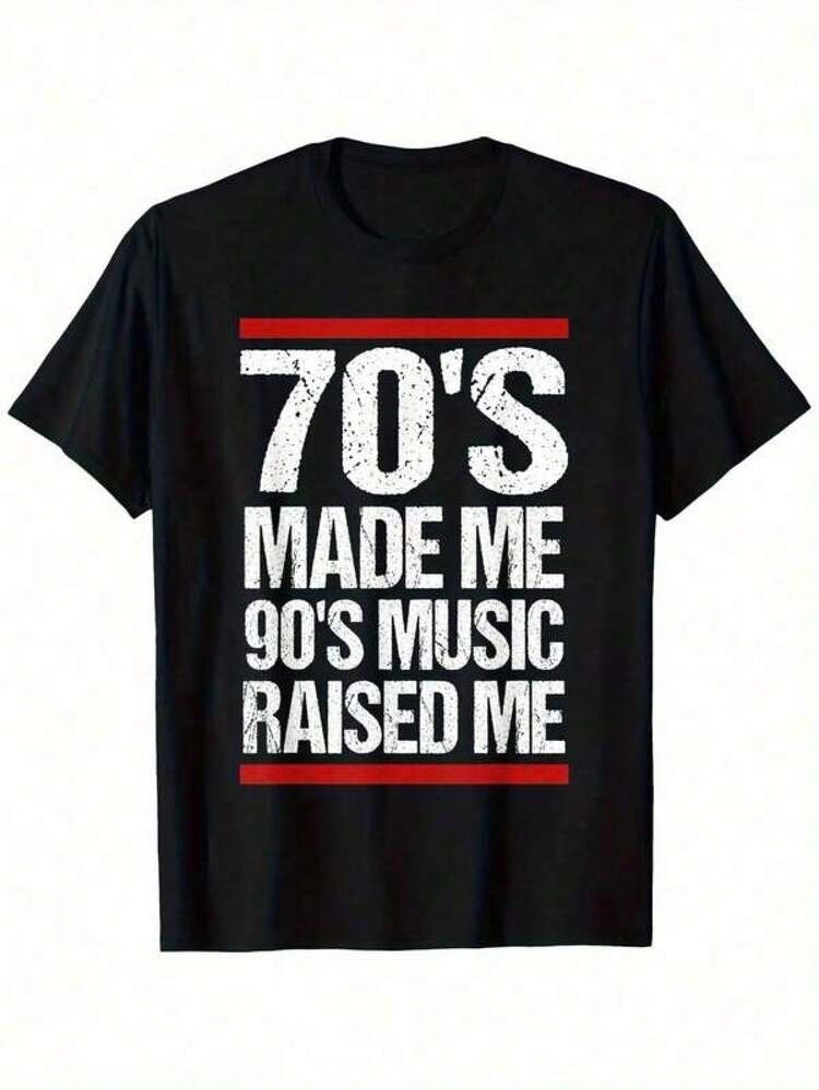 Camiseta gráfica retro de música vintage de los años 70 y 90 para hombres - Camiseta negra/blanca/roja con la frase "70's Made Me 90's Music Raised Me" - Camiseta suave para uso diario en conciertos, atuendos casuales y eventos de los 80 - Ropa retro para adultos, camisetas de música, atuendo de concierto, estampado desgastado, ajuste cómodo, top llamativo, para asistentes a festivales - Negro - Añade 1