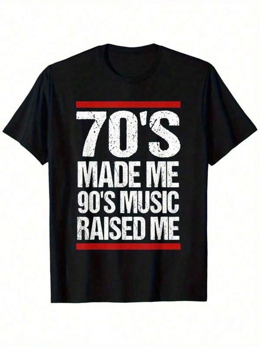Men's Retro Vintage Music Graphic T-Shirt - Black/White/Red T-Shirt With The Phrase "70's Made Me 90's Music Raised Me" - Soft T-Shirt For Everyday Wear At Concerts, Casual Outfits And 80s Events - Retro Adult Clothing, Music T-Shirts, Concert Attire, Distressed Print, Comfortable Fit, Eye-Catching Top, For Festival-Attendees - 黑色 - 查看 1