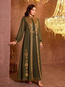 Đầm chiffon dài tay đính sequin và thắt lưng SUPGIR dành cho nữ. - Màu xanh Ô liu - Xem 2