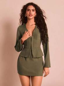 AYYSHEIN Glamour Conjunto elegante y sexy de blusa de cuello en V profundo de manga larga y falda mini, adecuado para mujeres profesionales, atuendo de negocios, otoño/inviernoAYY - Verde militar - Ver 5