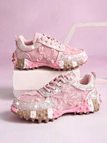 Women's Sparkly Rhinestone Floral Lace Platform Sneakers, Pink Lace-Up Non-Slip Casual Shoes - Pink - View 5