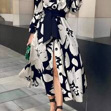. .  Clasi Vestido de mujer con diseño floral grande, de corte holgado y con lazo en la cintura, de estilo elegante y casual - Multicolor - Ver 2