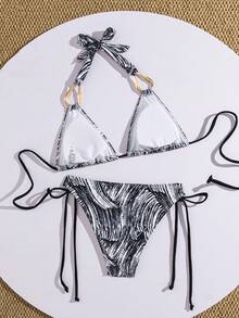 Bộ bikini nữ co giãn cao cấp với cổ yếm, họa tiết đen trắng thời trang, hoàn hảo cho những chuyến đi biển mùa hè. - Nhiều màu - Xem 3