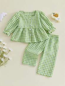 Toddler Girls Fall Outfits Plaid Square Neck Button Up Long Sleeve Shirt And Elastic Pants Set 2 Piece Clothes - Green - View 1
