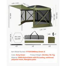 VEVOR Pop Up Gazebo Screen Tent, 3.6 X 3.6 M Large 6-Sided Camping Canopy Tent With Removable Top & Carry Bag, Quick-Set & Bite-Proof, Screen House Sun Shelter For 8-10 Persons Backyard Patio, Green - Star Canopy 12x12FT Army Green - 查看 12