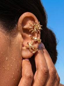 3pcs Bohemian Style Gold Starfish & Sun Clip-On Earrings, Fake Ear Cuff Earrings, Summer Beach Jewelry For Women - Yellow Gold - View 7