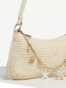 1pc Women's Vintage Resort Ocean Faux Pearl Cherry Faux Fur Tail Woven Crossbody Bag, Suitable Dates, Outings, Vacations - Beige - View 3